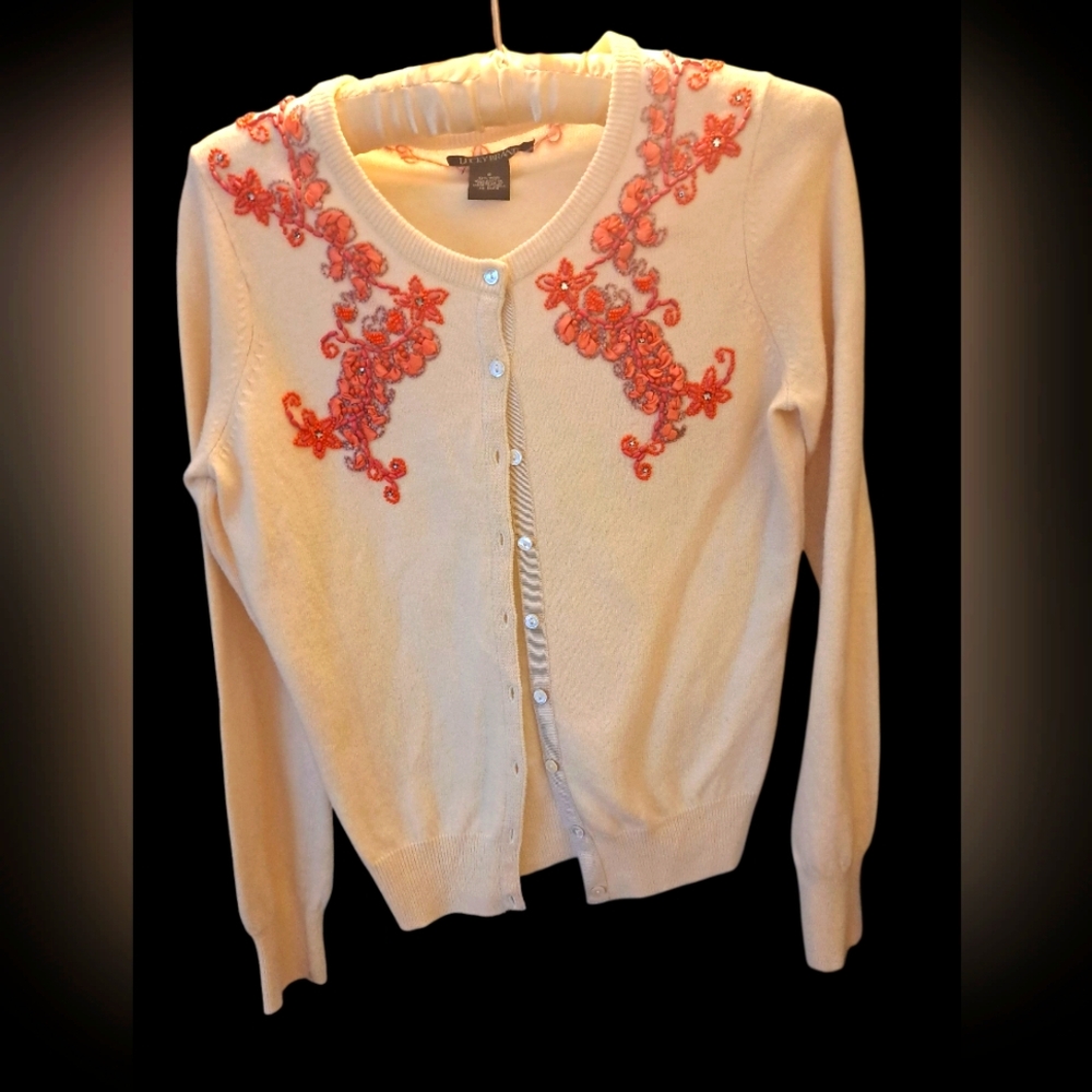 Lucky Brand S wool Cotton Retro 50s Cream Cardigan W Coral Beading Cosplay